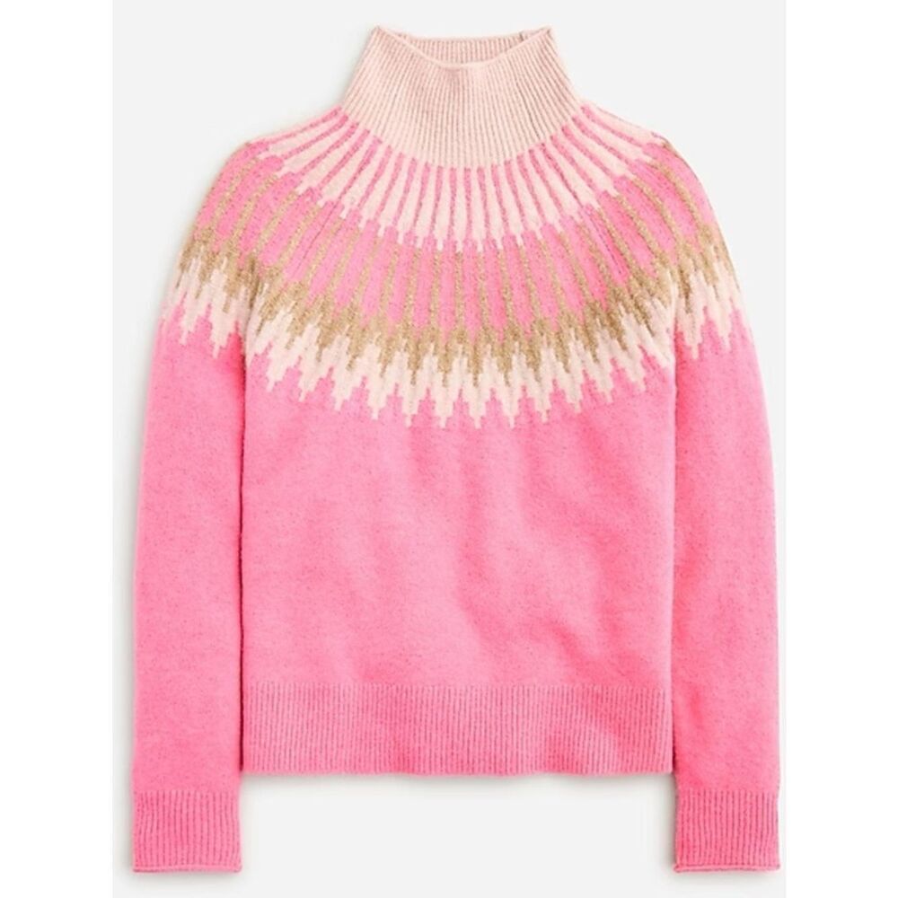 NWT J.Crew Pink Tan Supersoft Yarn Fair Isle Turtleneck Sweater Sz S Preppy Boho